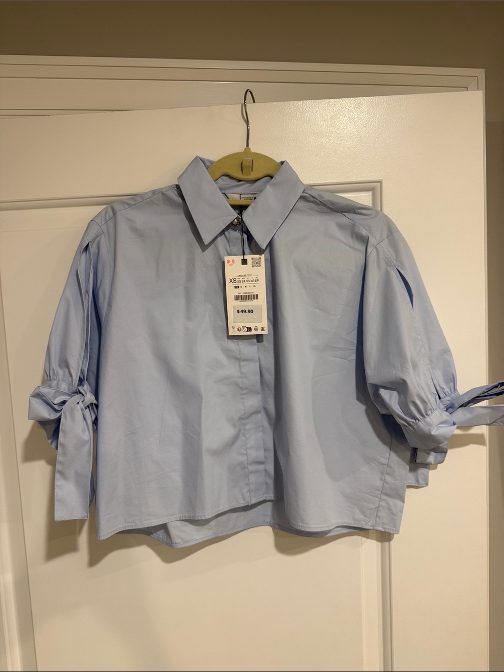 Zara Light Blue Tie-Sleeve Button Front Blouse